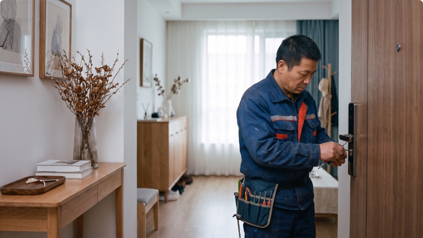 维修人员在住宅内检查门锁